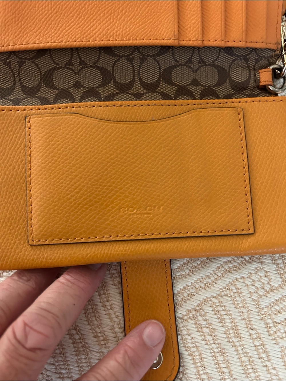 Coach wristlet wallet with snap closure. Yellow/orange pebbled leather. EUC - Picture 7 of 9
